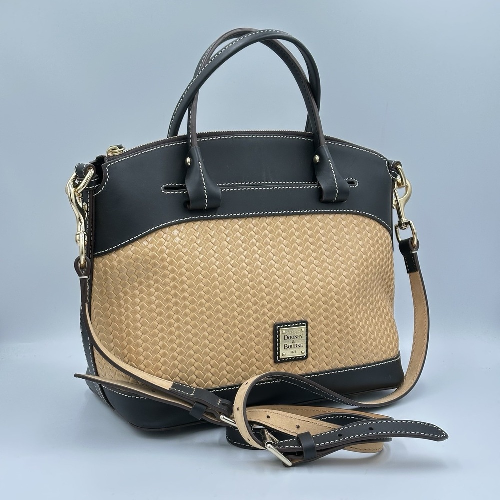 Dooney Bourke Beacon Black Brown Smooth Leather Woven Embossed Domed Satchel Bag - Picture 3 of 16